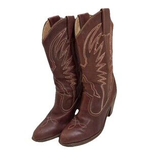 Vintage Late 1970s Ladies Fancy Stitched Brown Leather Western Boots Size 9